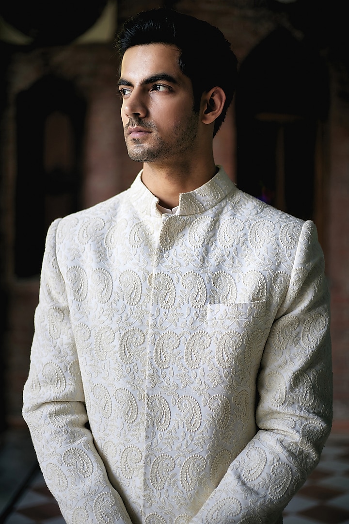 Ivory Cotton & Silk Embroidered Groom Sherwani Set by Ankit V Kapoor at Pernia's Pop Up Shop