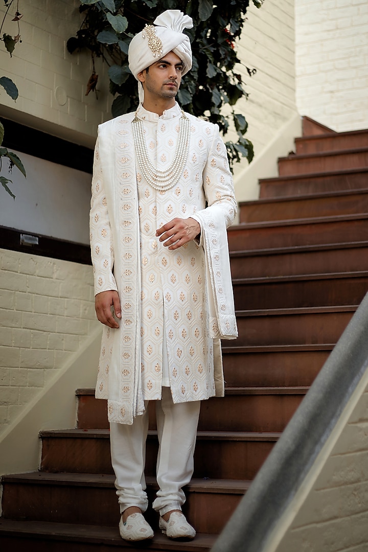 Ivory Cotton Silk Embroidered Sherwani Set by Ankit V Kapoor