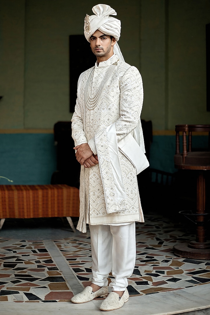 Ivory Cotton Silk Embroidered Sherwani Set by Ankit V Kapoor