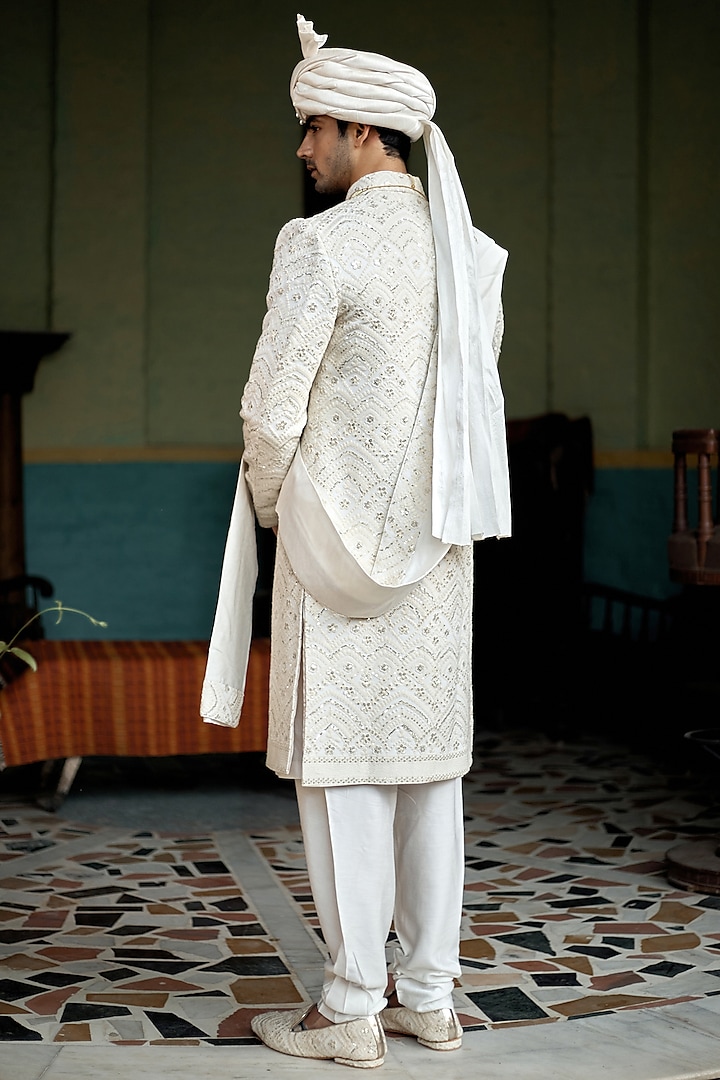 Ivory Cotton Silk Embroidered Groom Sherwani Set by Ankit V Kapoor at Pernia's Pop Up Shop