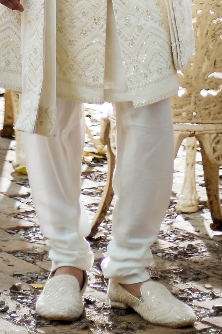 Ivory Cotton Silk Embroidered Groom Sherwani Set by Ankit V Kapoor at Pernia's Pop Up Shop