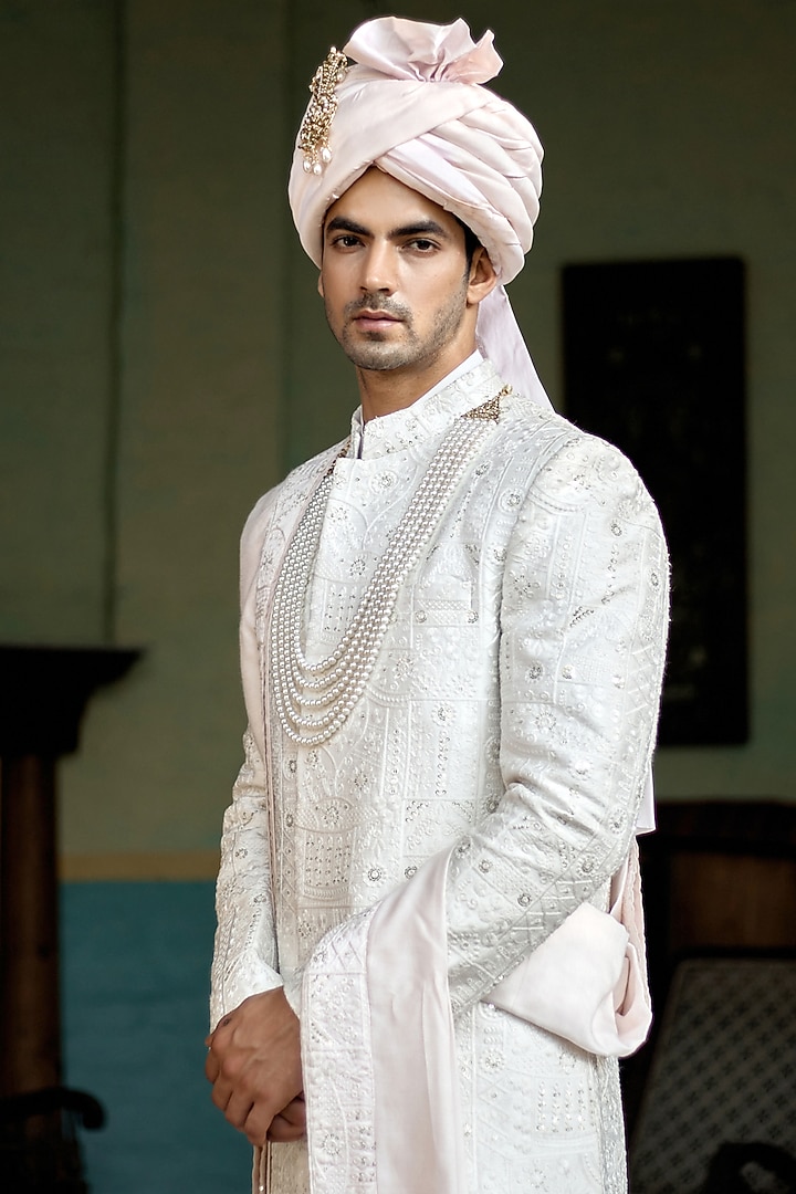Ivory Cotton Silk Embroidered Groom Sherwani Set by Ankit V Kapoor at Pernia's Pop Up Shop