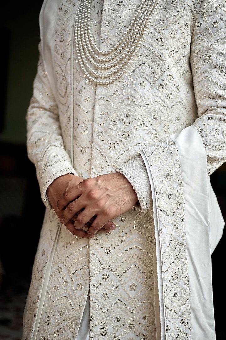 Ivory Cotton Silk Embroidered Groom Sherwani Set by Ankit V Kapoor at Pernia's Pop Up Shop