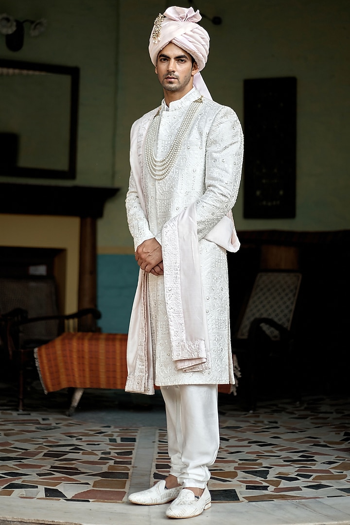 Off-White Cotton Silk Embroidered Sherwani Set by Ankit V Kapoor