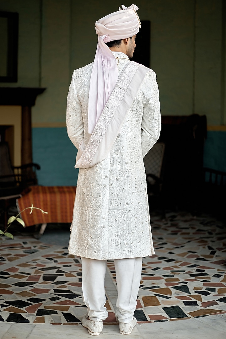 Off-White Cotton Silk Embroidered Groom Sherwani Set by Ankit V Kapoor at Pernia's Pop Up Shop