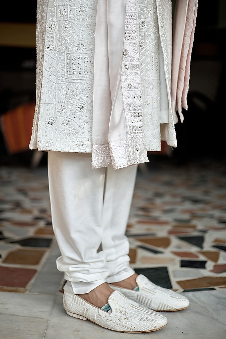 Off-White Cotton Silk Embroidered Groom Sherwani Set by Ankit V Kapoor at Pernia's Pop Up Shop