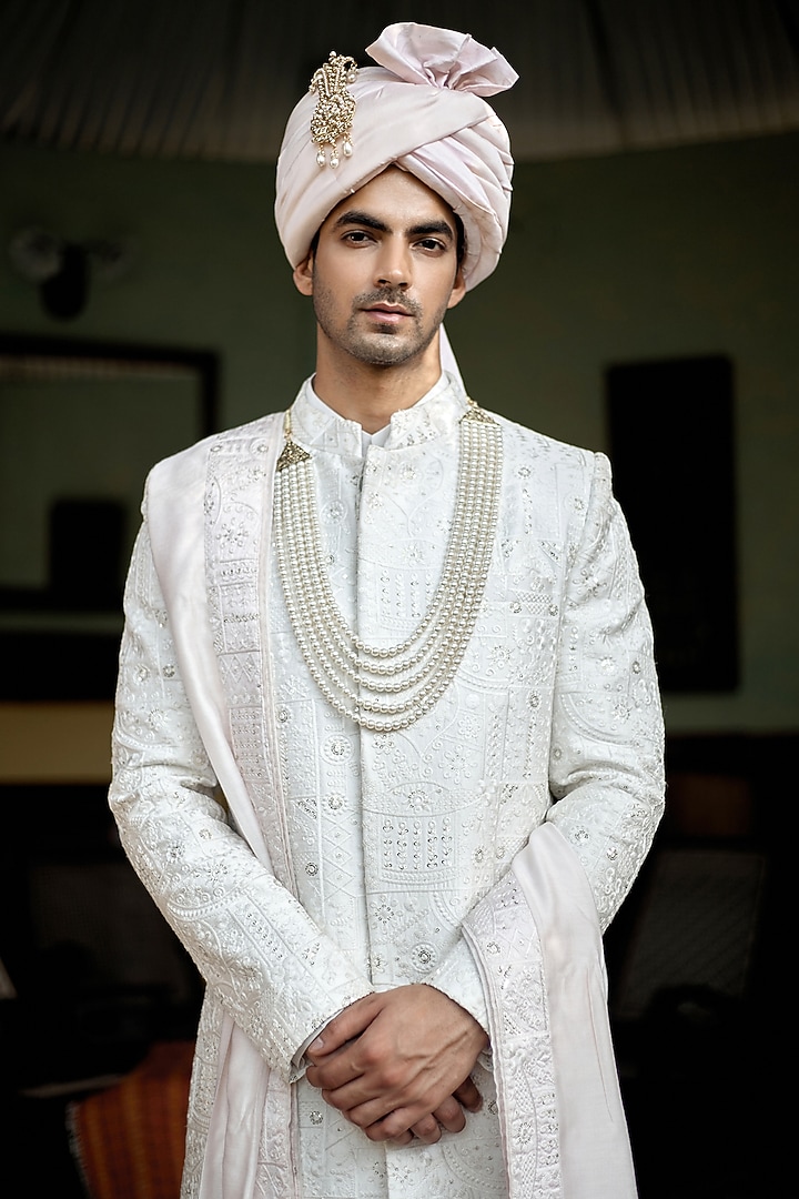 Off-White Cotton Silk Embroidered Groom Sherwani Set by Ankit V Kapoor at Pernia's Pop Up Shop