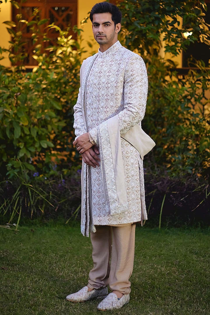 Beige Cotton Silk Embroidered Sherwani Set by Ankit V Kapoor