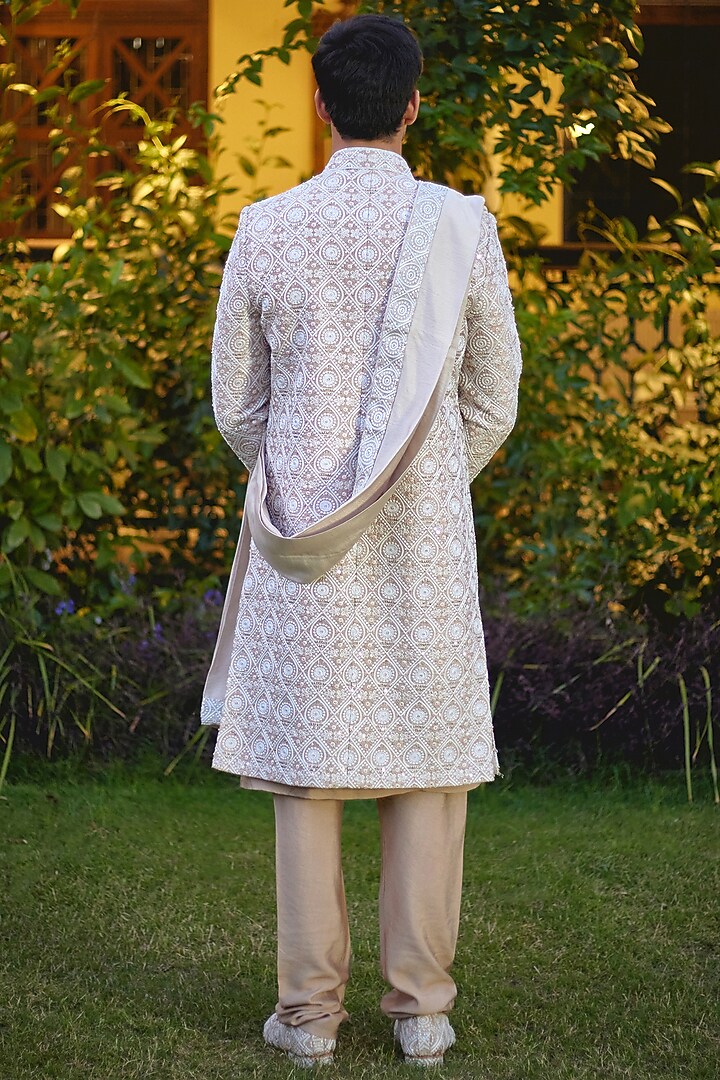 Beige Cotton Silk Embroidered Groom Sherwani Set by Ankit V Kapoor at Pernia's Pop Up Shop