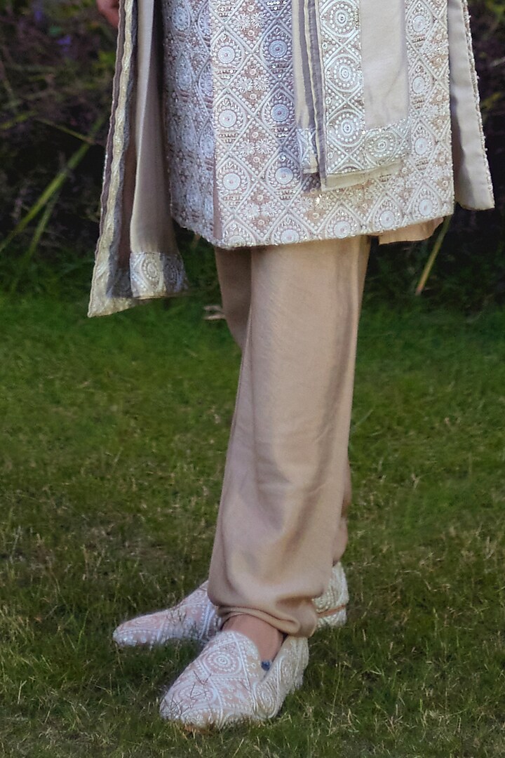Beige Cotton Silk Embroidered Groom Sherwani Set by Ankit V Kapoor at Pernia's Pop Up Shop