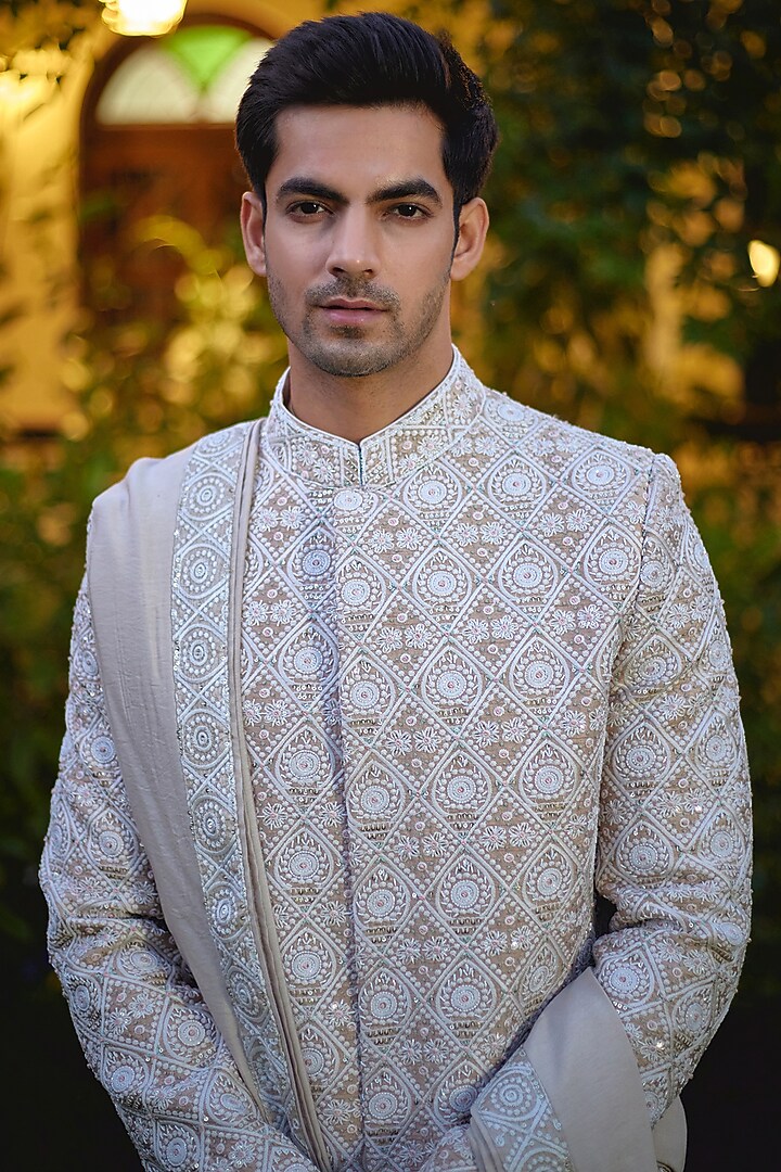 Beige Cotton Silk Embroidered Groom Sherwani Set by Ankit V Kapoor at Pernia's Pop Up Shop