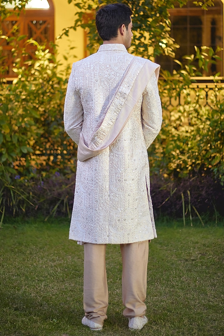 Beige Cotton Silk Embroidered Groom Sherwani Set by Ankit V Kapoor at Pernia's Pop Up Shop