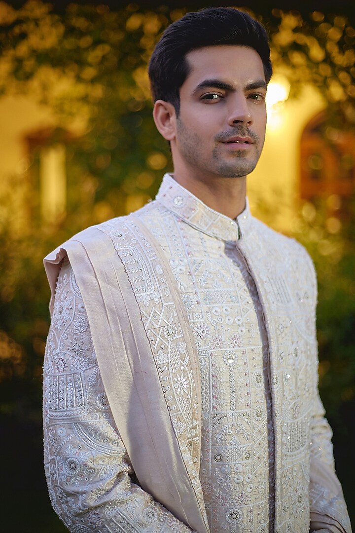 Beige Cotton Silk Embroidered Groom Sherwani Set by Ankit V Kapoor at Pernia's Pop Up Shop
