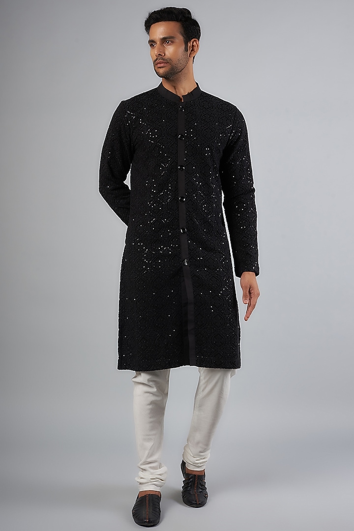 Black Cotton Silk & Georgette Thread Embroidered Kurta Set by Ankit V Kapoor at Pernia's Pop Up Shop