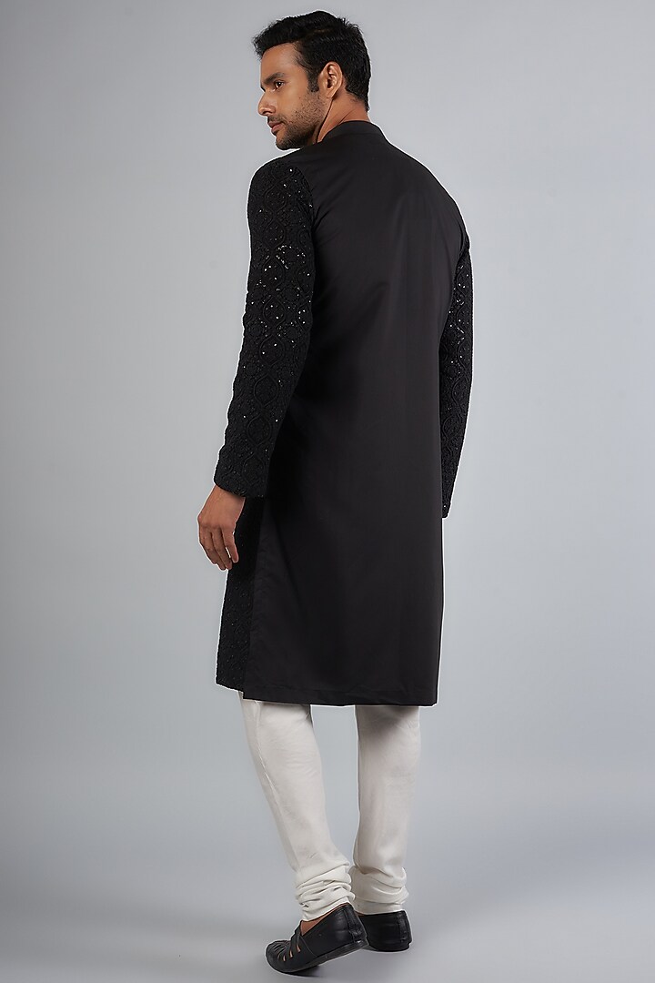 Black Cotton Silk & Georgette Thread Embroidered Kurta Set by Ankit V Kapoor at Pernia's Pop Up Shop