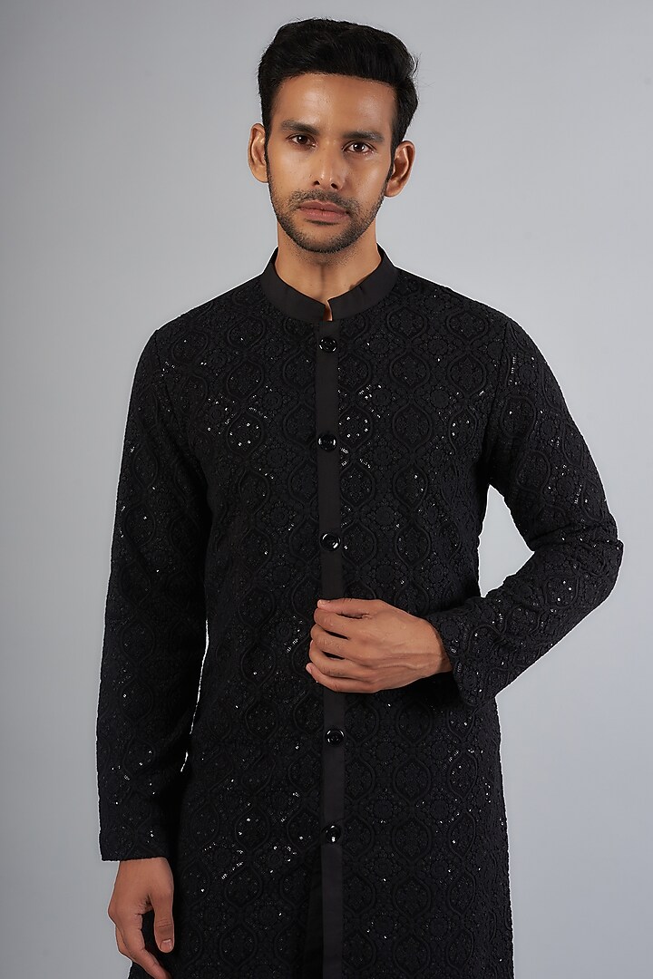 Black Cotton Silk & Georgette Thread Embroidered Kurta Set by Ankit V Kapoor at Pernia's Pop Up Shop