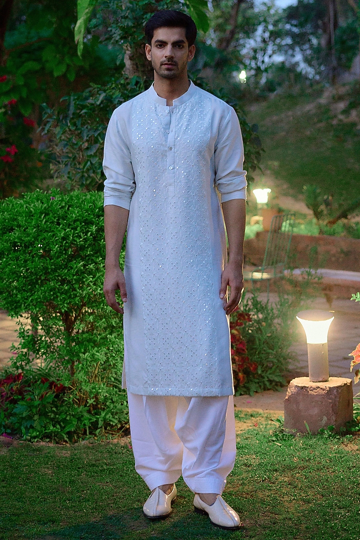 Powder Blue Cotton Silk Thread Embroidered Kurta Set by Ankit V Kapoor at Pernia's Pop Up Shop