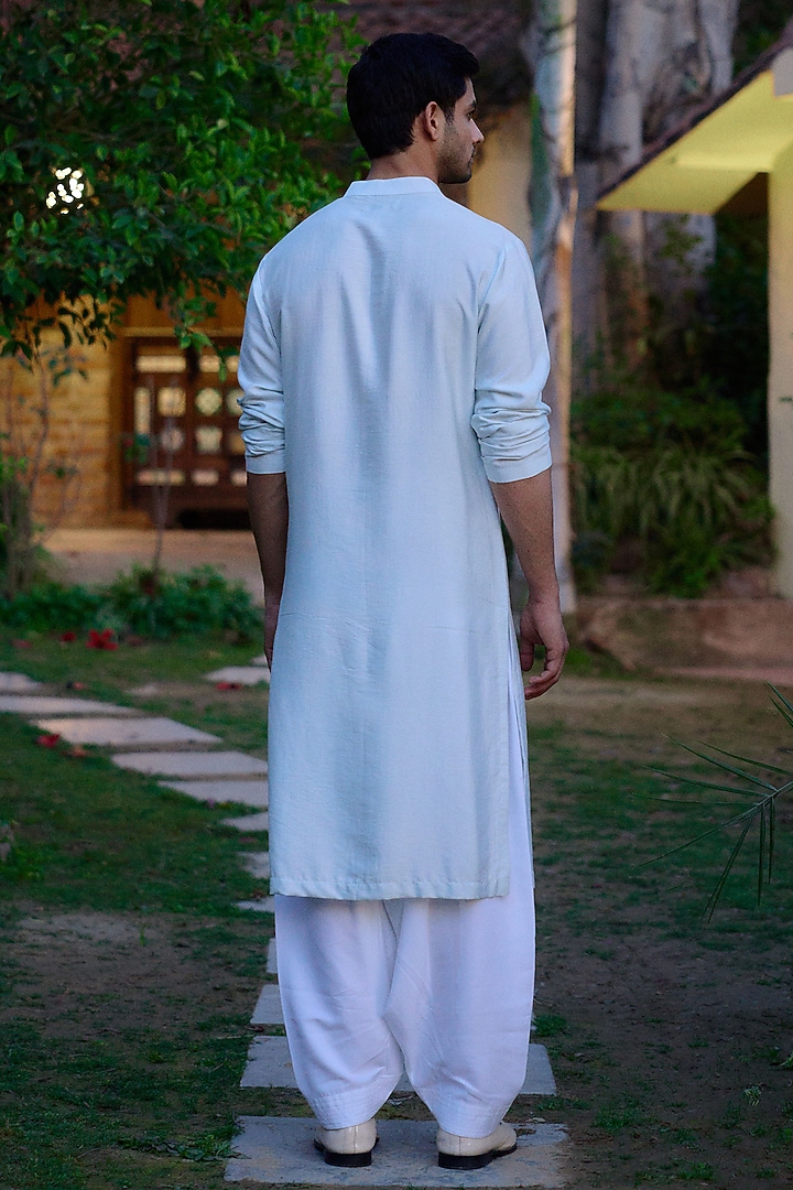 Powder Blue Cotton Silk Thread Embroidered Kurta Set by Ankit V Kapoor at Pernia's Pop Up Shop