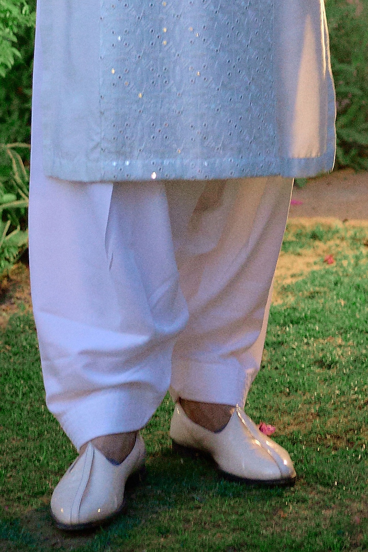Powder Blue Cotton Silk Thread Embroidered Kurta Set by Ankit V Kapoor at Pernia's Pop Up Shop