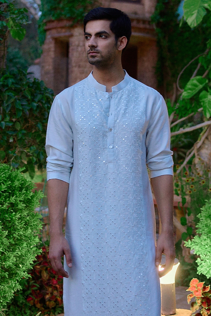Powder Blue Cotton Silk Thread Embroidered Kurta Set by Ankit V Kapoor at Pernia's Pop Up Shop