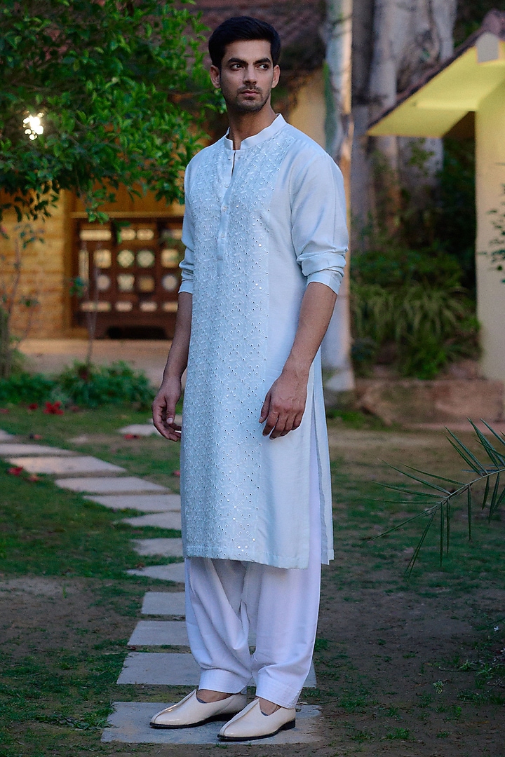 Powder Blue Cotton Silk Thread Embroidered Kurta Set by Ankit V Kapoor at Pernia's Pop Up Shop