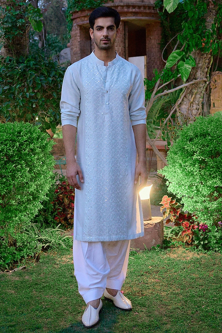 Powder Blue Cotton Silk Thread Embroidered Kurta Set by Ankit V Kapoor at Pernia's Pop Up Shop