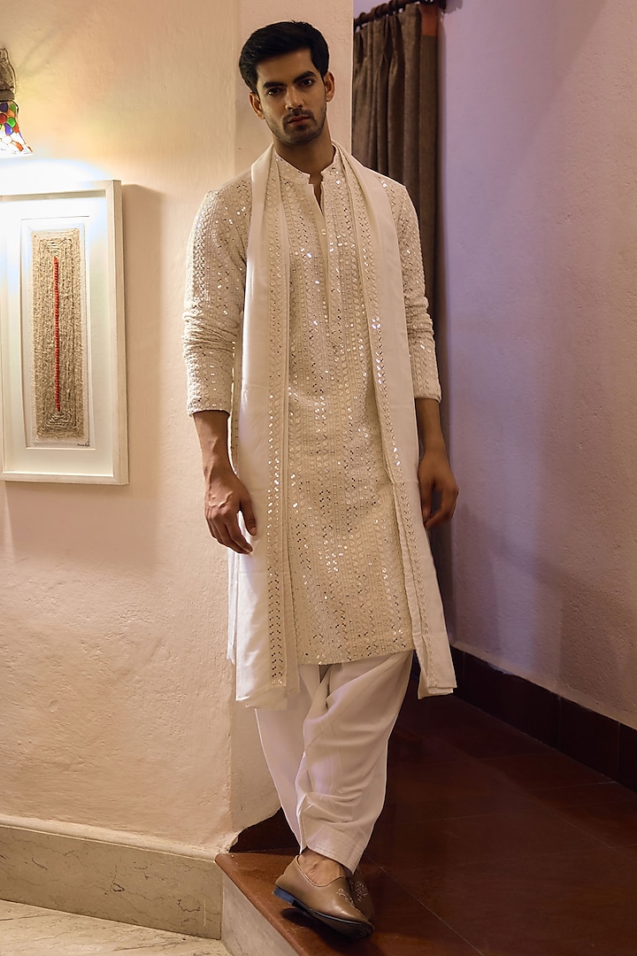 Ivory Viscose Cotton Silk & Georgette Thread Embroidered Kurta Set by Ankit V Kapoor