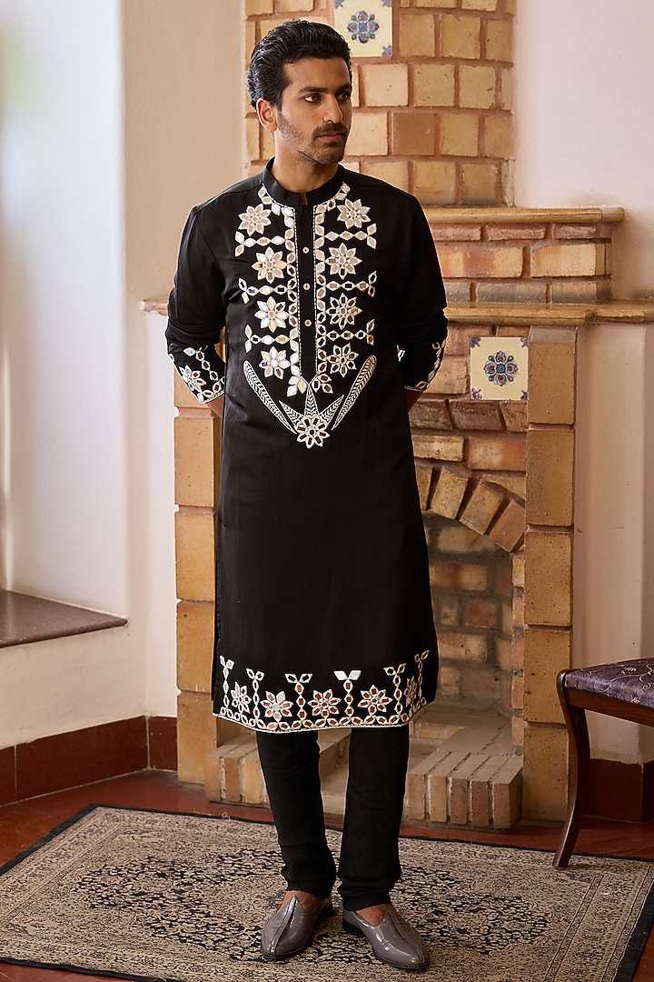 Black Viscose Cotton Silk Hand Embroidered Kurta Set by Ankit V Kapoor at Pernia's Pop Up Shop