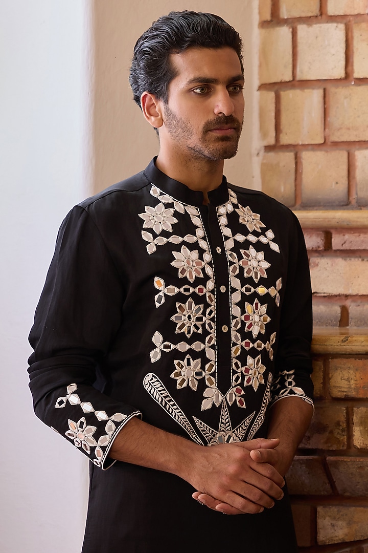 Black Viscose Cotton Silk Hand Embroidered Kurta Set by Ankit V Kapoor at Pernia's Pop Up Shop