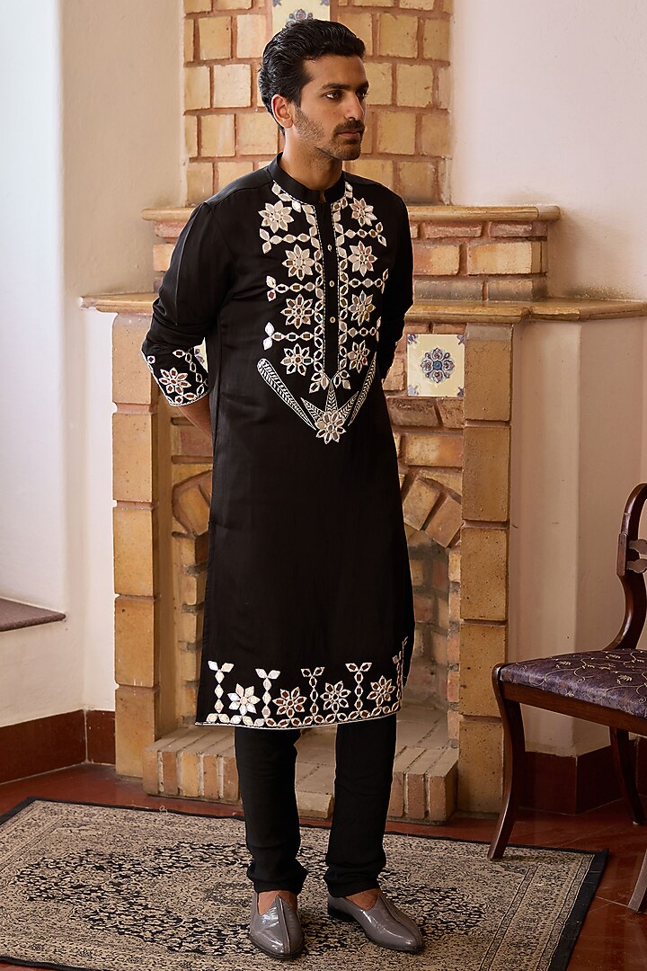 Black Viscose Cotton Silk Hand Embroidered Kurta Set by Ankit V Kapoor at Pernia's Pop Up Shop