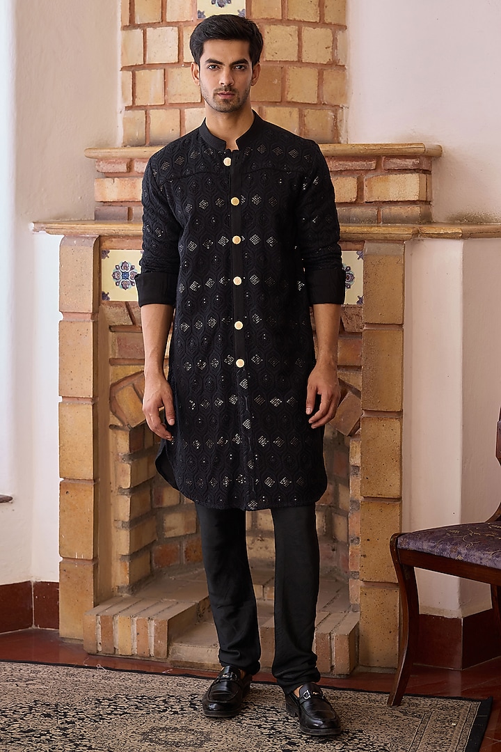 Black Viscose Cotton Silk & Georgette Thread Embroidered Kurta Set by Ankit V Kapoor