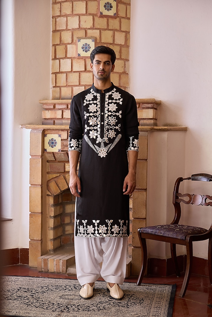 Black Viscose Cotton Silk Hand Embroidered Kurta Set by Ankit V Kapoor