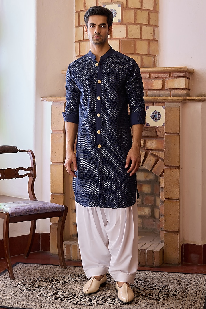 Navy Blue Viscose Cotton Silk & Georgette Thread Embroidered Kurta Set by Ankit V Kapoor