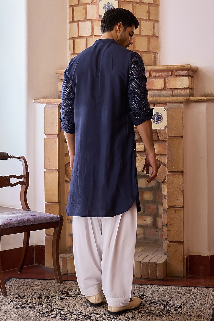 Navy Blue Viscose Cotton Silk & Georgette Thread Embroidered Kurta Set by Ankit V Kapoor at Pernia's Pop Up Shop