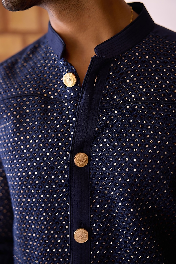 Navy Blue Viscose Cotton Silk & Georgette Thread Embroidered Kurta Set by Ankit V Kapoor at Pernia's Pop Up Shop