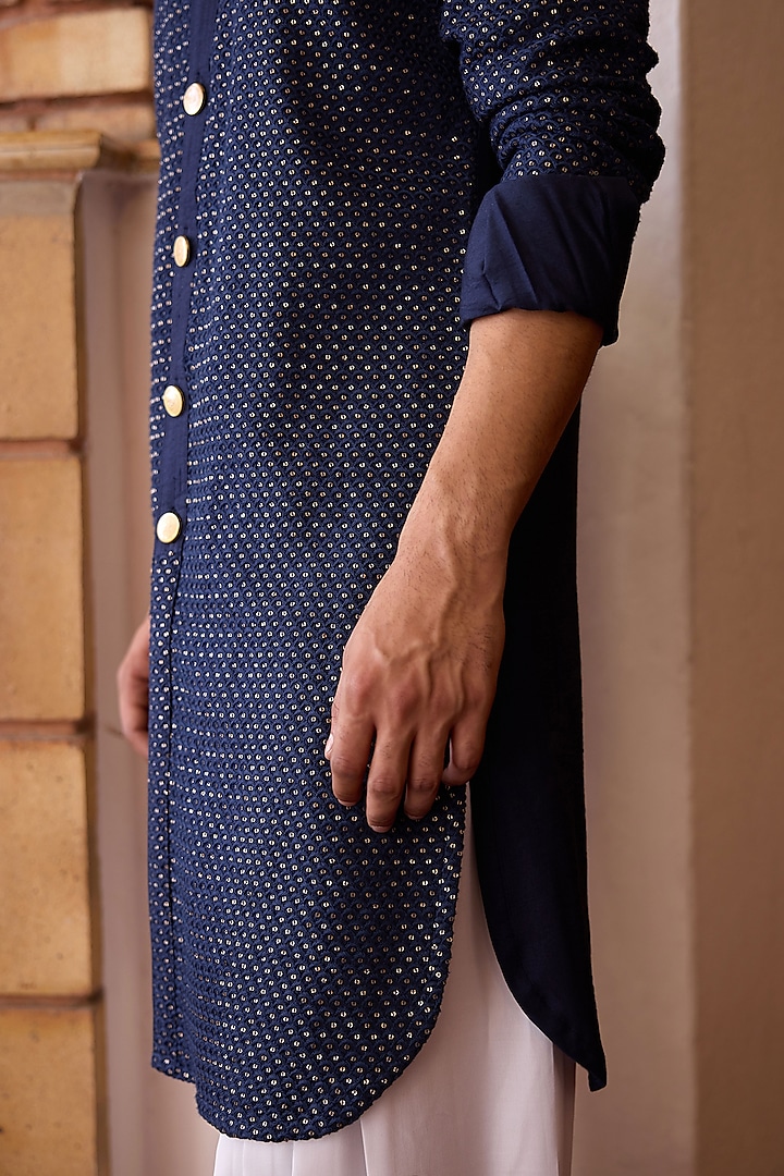 Navy Blue Viscose Cotton Silk & Georgette Thread Embroidered Kurta Set by Ankit V Kapoor at Pernia's Pop Up Shop