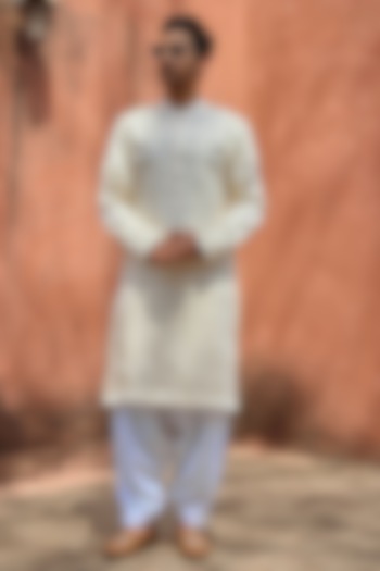 Ivory Viscose Cotton Silk Hand Embroidered Kurta Set by Ankit V Kapoor