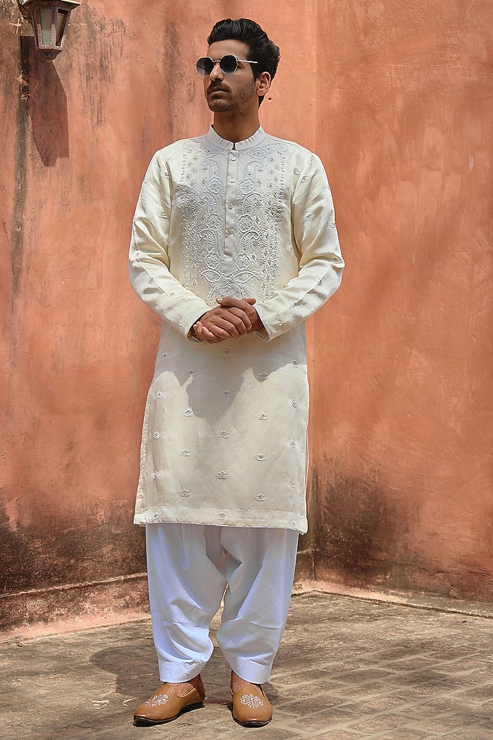 Ivory Viscose Cotton Silk Hand Embroidered Kurta Set by Ankit V Kapoor