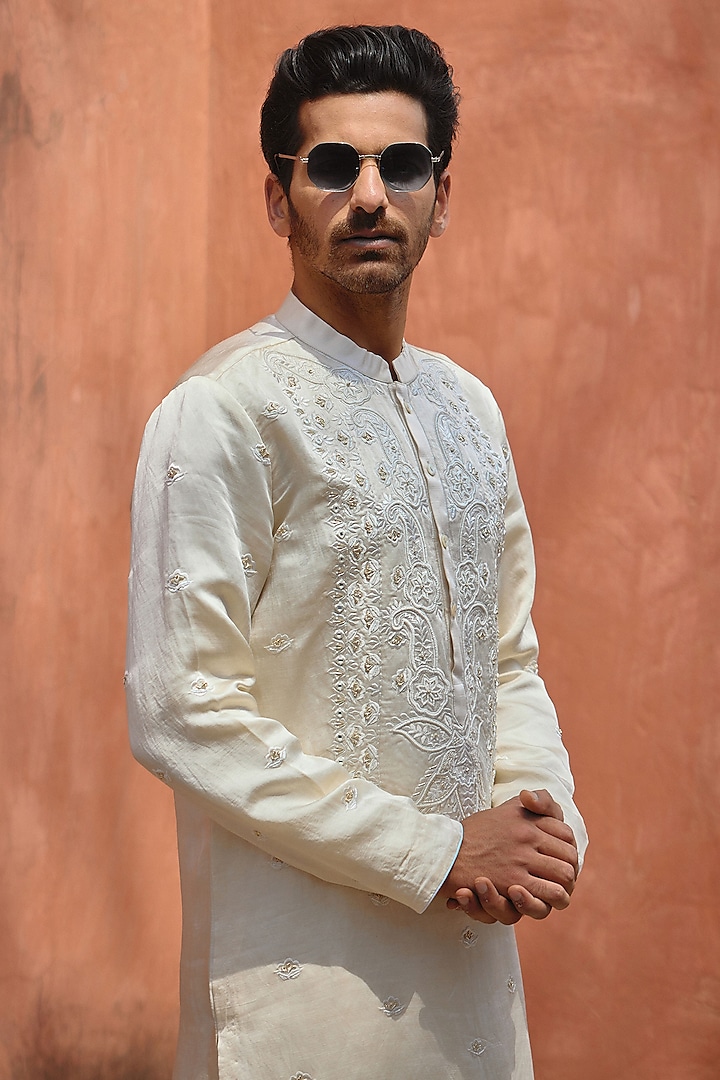 Ivory Viscose Cotton Silk Hand Embroidered Kurta Set by Ankit V Kapoor at Pernia's Pop Up Shop