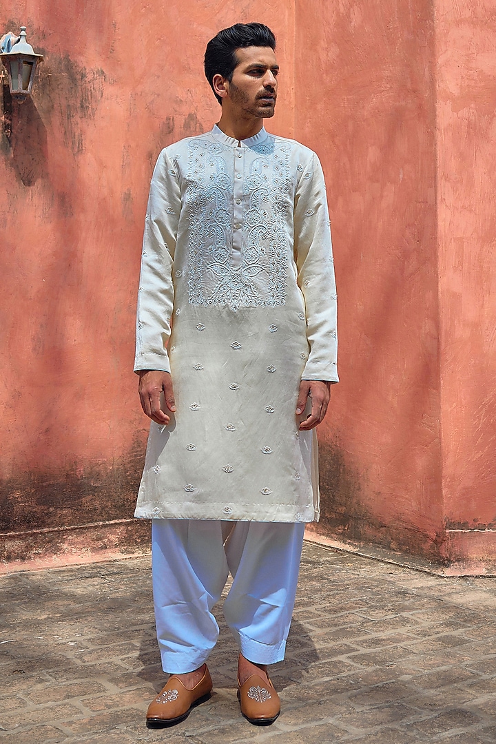 Ivory Viscose Cotton Silk Hand Embroidered Kurta Set by Ankit V Kapoor at Pernia's Pop Up Shop