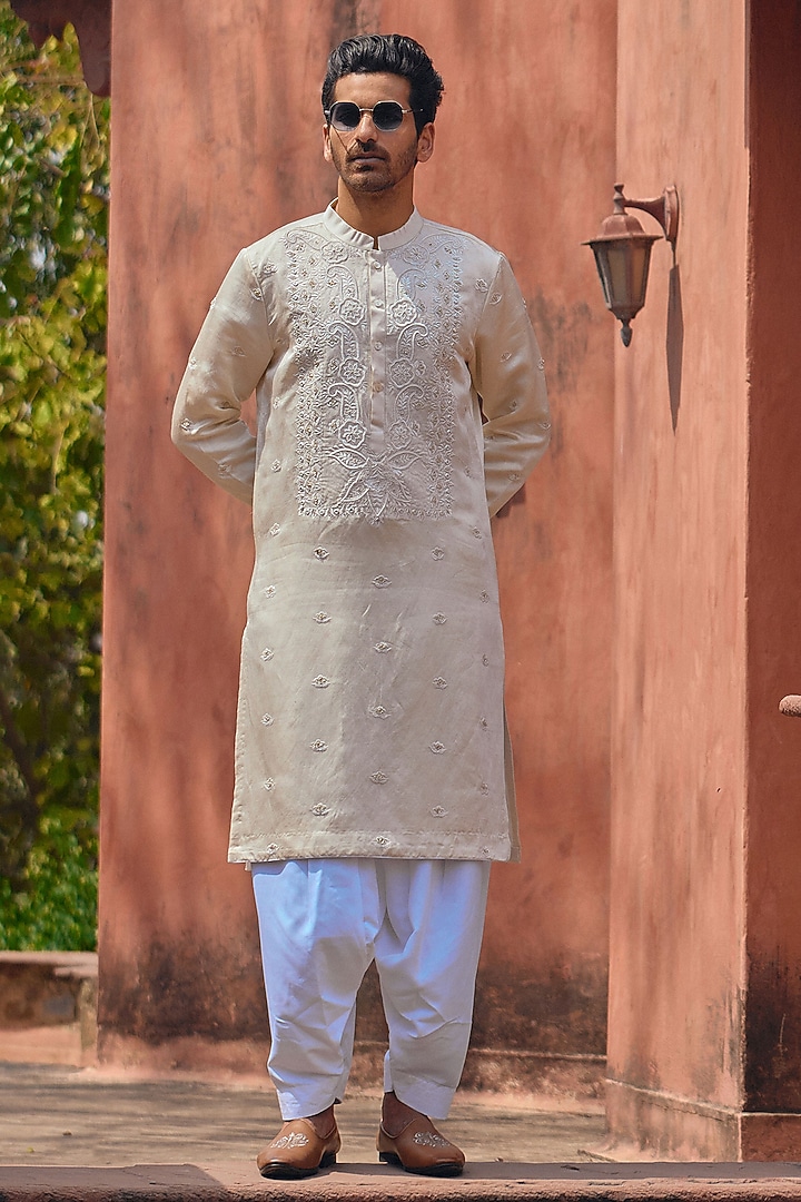 Ivory Viscose Cotton Silk Hand Embroidered Kurta Set by Ankit V Kapoor at Pernia's Pop Up Shop
