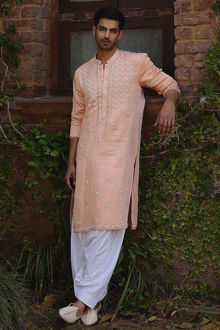 Peach Viscose Cotton Silk hand Embroidered Kurta Set by Ankit V Kapoor