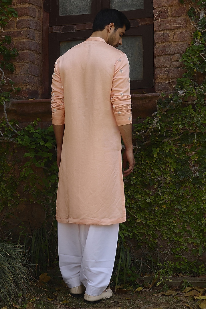 Peach Viscose Cotton Silk hand Embroidered Kurta Set by Ankit V Kapoor at Pernia's Pop Up Shop