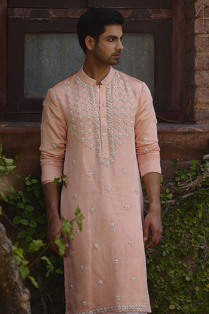 Peach Viscose Cotton Silk hand Embroidered Kurta Set by Ankit V Kapoor at Pernia's Pop Up Shop