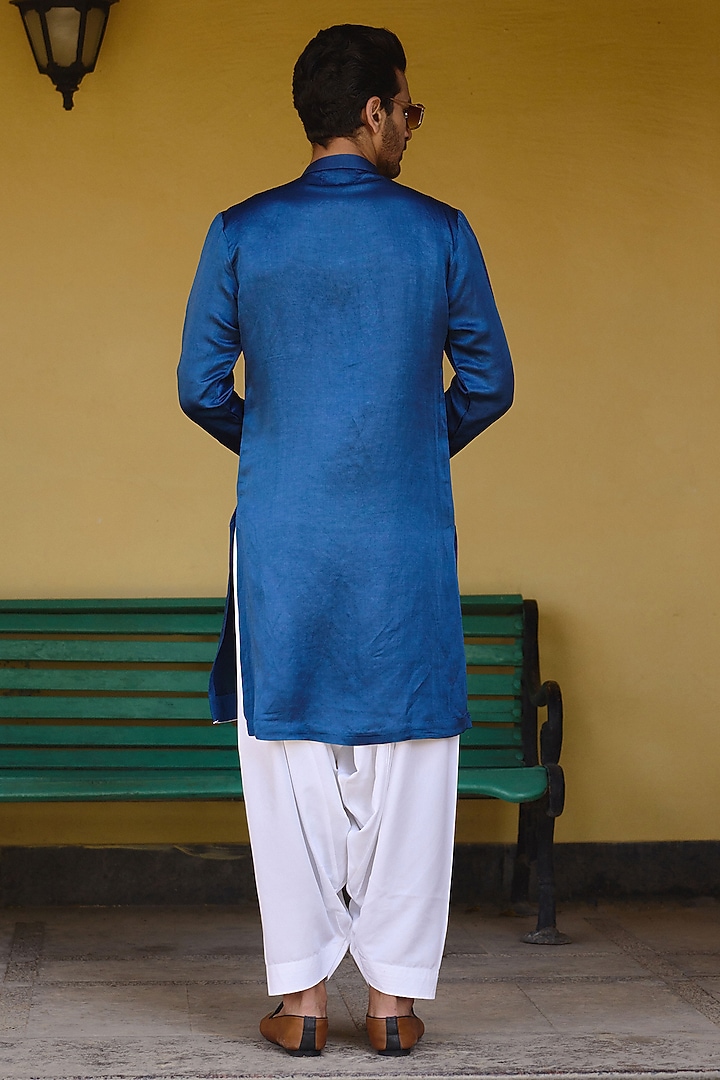 Electric Blue Viscose Cotton Silk Hand Embroidered Kurta Set by Ankit V Kapoor at Pernia's Pop Up Shop