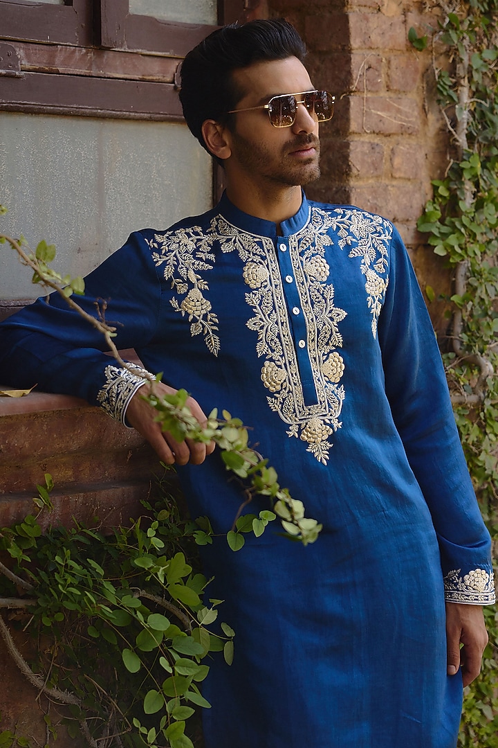 Electric Blue Viscose Cotton Silk Hand Embroidered Kurta Set by Ankit V Kapoor at Pernia's Pop Up Shop