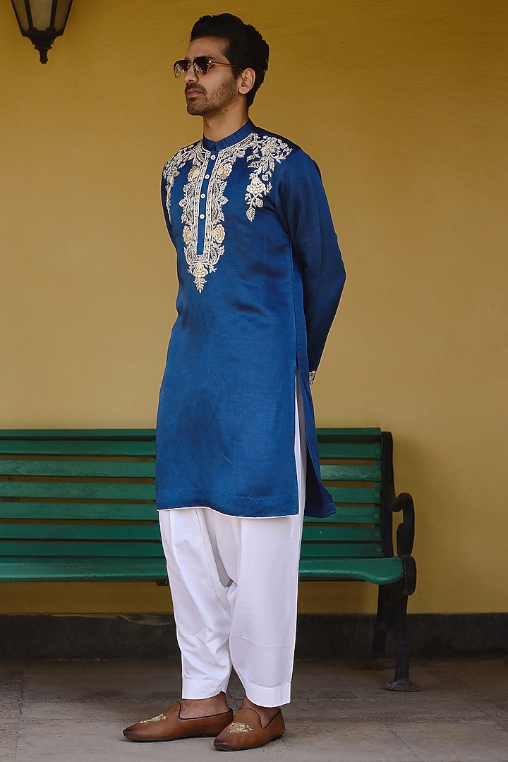 Electric Blue Viscose Cotton Silk Hand Embroidered Kurta Set by Ankit V Kapoor at Pernia's Pop Up Shop