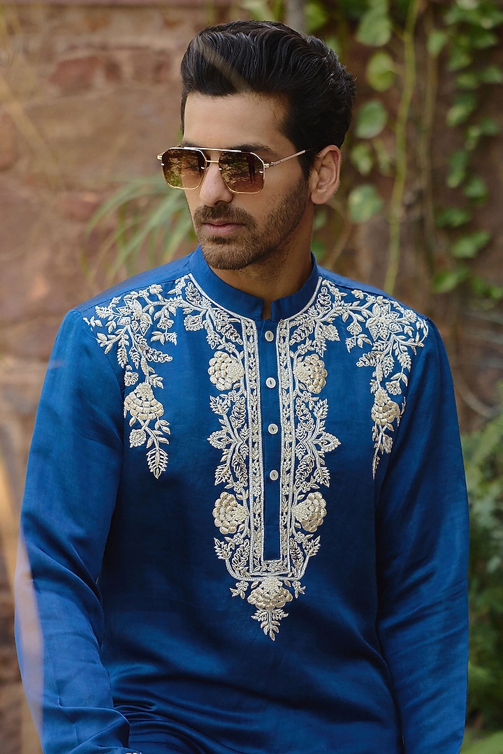 Electric Blue Viscose Cotton Silk Hand Embroidered Kurta Set by Ankit V Kapoor at Pernia's Pop Up Shop