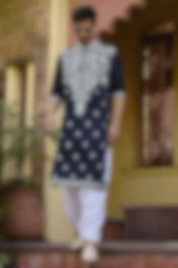 Navy Blue Viscose Cotton Silk Dori Embroidered Kurta Set by Ankit V Kapoor at Pernia's Pop Up Shop