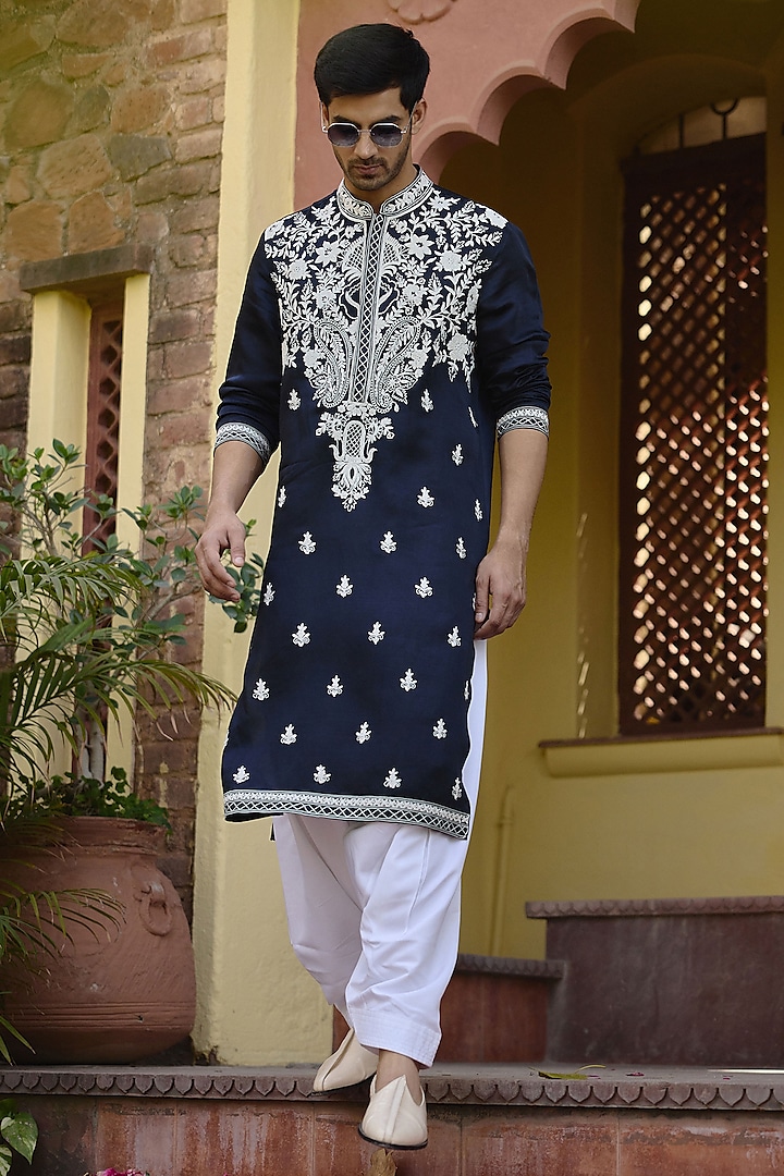 Navy Blue Viscose Cotton Silk Dori Embroidered Kurta Set by Ankit V Kapoor at Pernia's Pop Up Shop